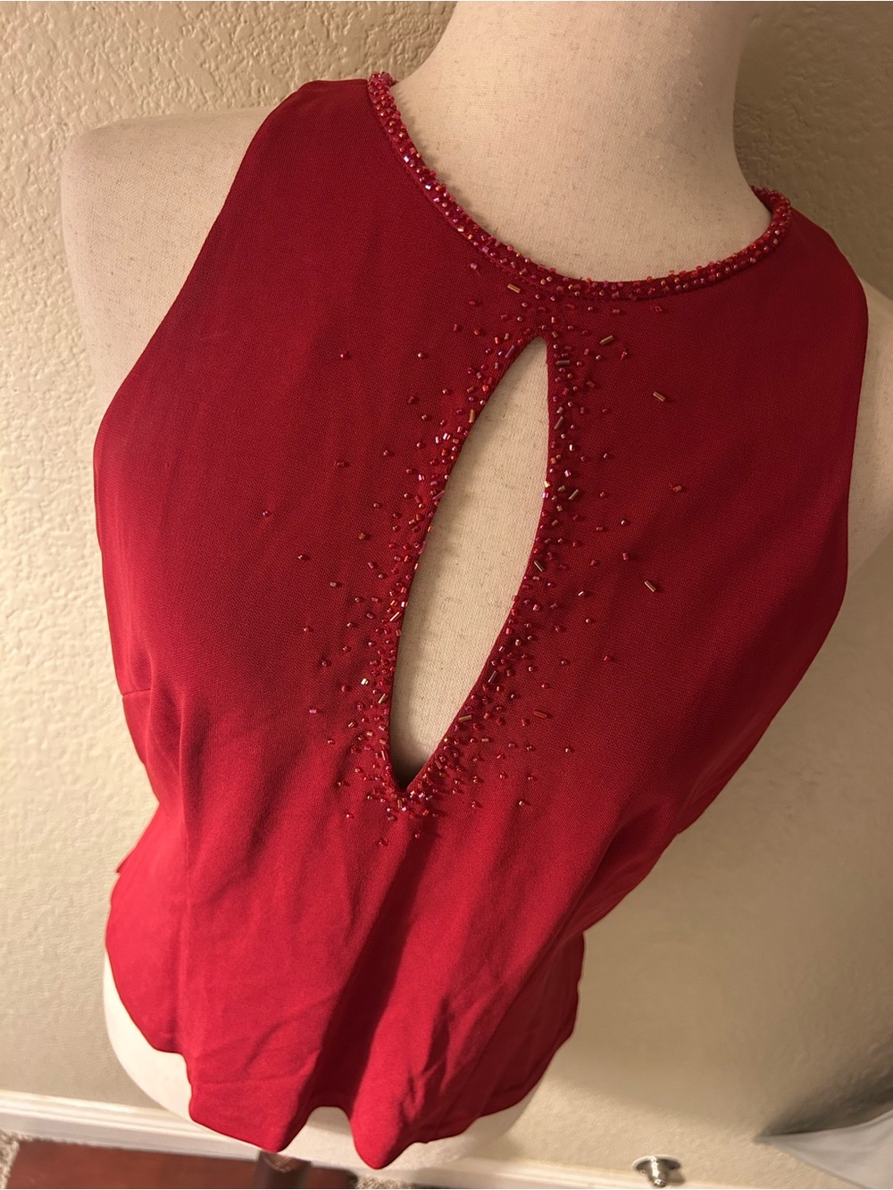 Cache Red Beaded Keyhole Tank Top